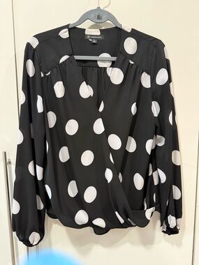 INC International Concepts Black & White Polka Dot Faux Wrap Blouse
